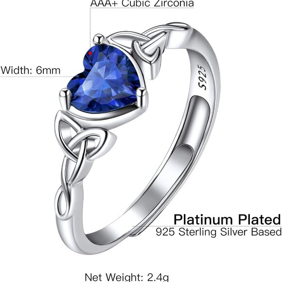 925 Sterling Silver Good Luck Celtic Twisted Knot/Claddagh Heart Birthstone Ring - Picture 7 of 7